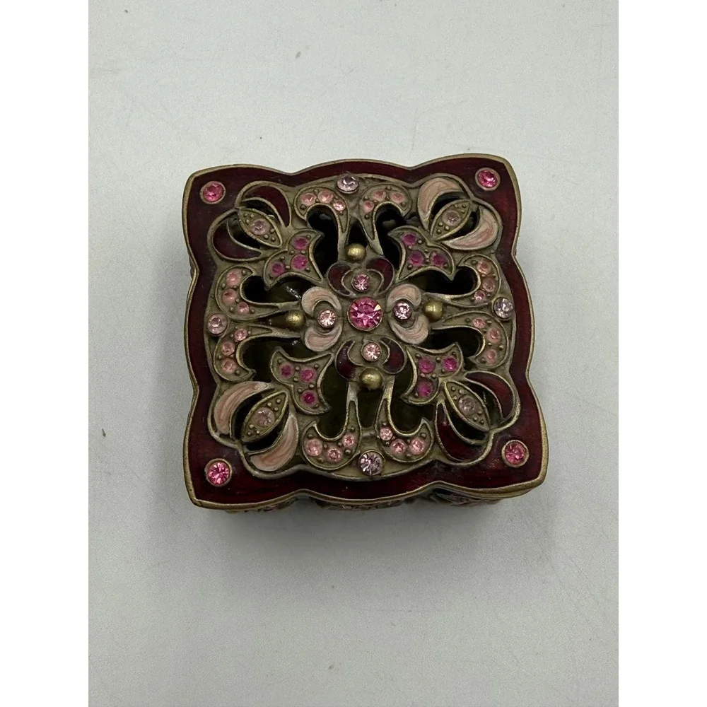 Vintage Style Filigree Trinket Box Burgundy‎ Enamel Pink Rhinestone Jewelry Case